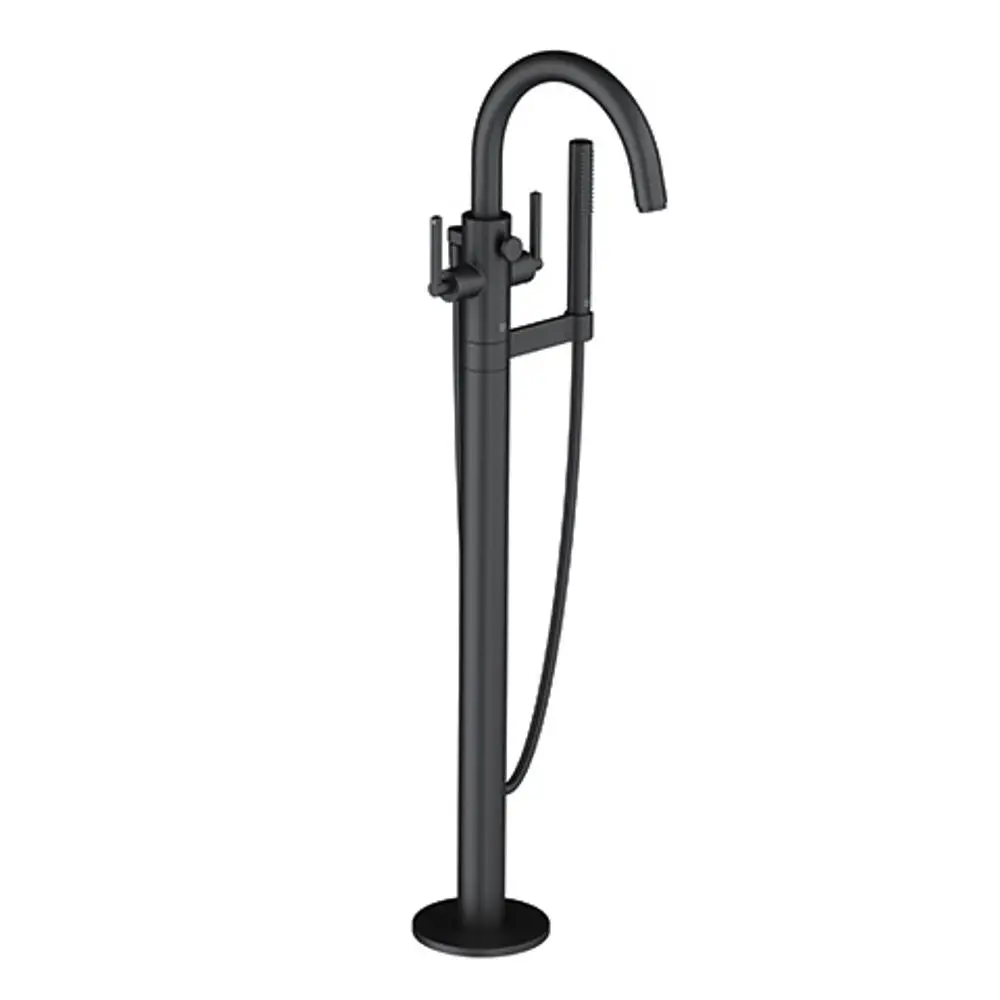 Freistehende Wannenarmatur in mattschwarz von Kludi mit flexibler Handbrause und zwei Steuergriffen. Ideal für moderne Badezimmergestaltungen.